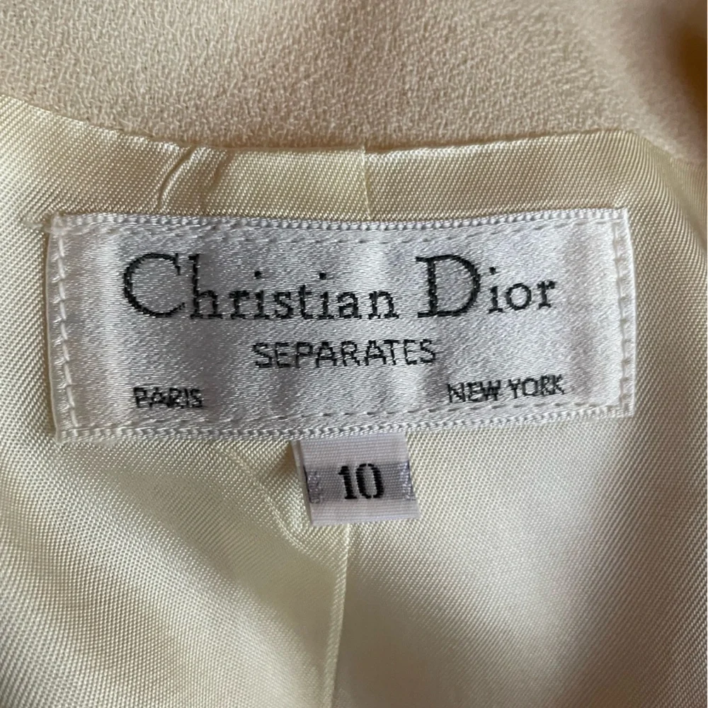 Christian Dior Vintage Minimalist Collarless Coat Suit Jacket Cream Wool